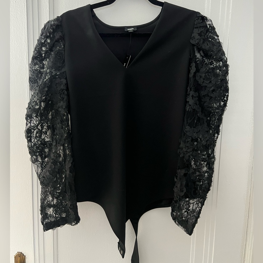 Express V-Neck Lace Puff Sleeve Bodysuit
